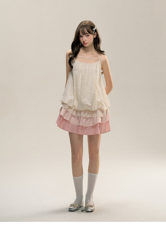 Small Milk Blocks Fu Drawstring Suspender Skirt Gradient Color Dress