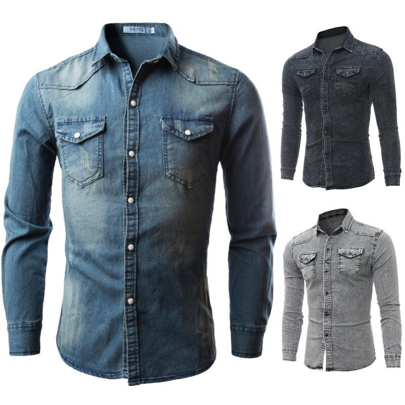 Camisa vaquera de manga larga para hombre, camisa Retro de primavera y verano, tendencia Simple europea y americana, M-3XL 3011
