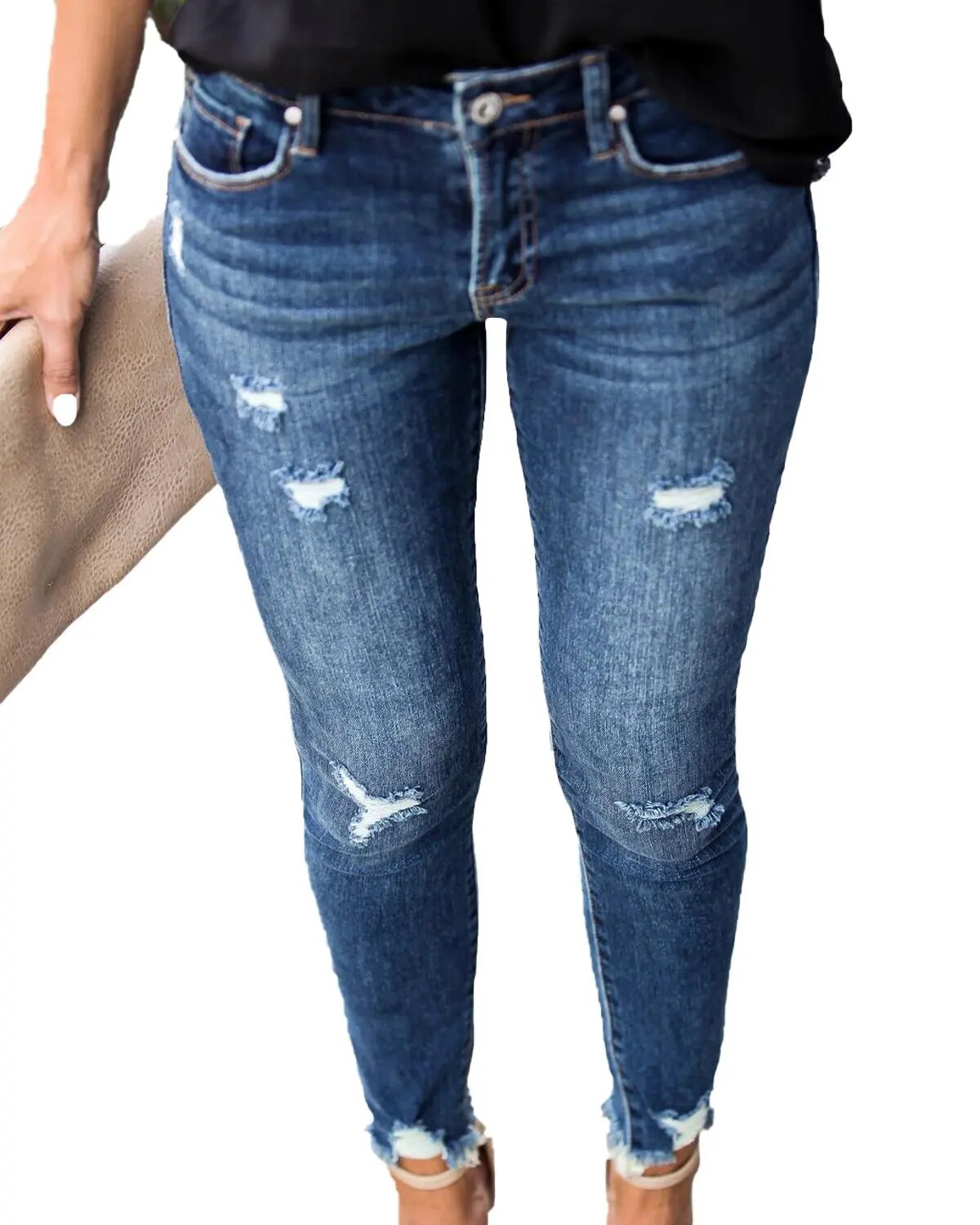 Nuevos pantalones vaqueros ajustados de cintura media para mujer, pantalones vaqueros desgastados Vintage, pantalones pitillo con agujeros destruidos, pantalones casuales, pantalones vaqueros rasgados de verano