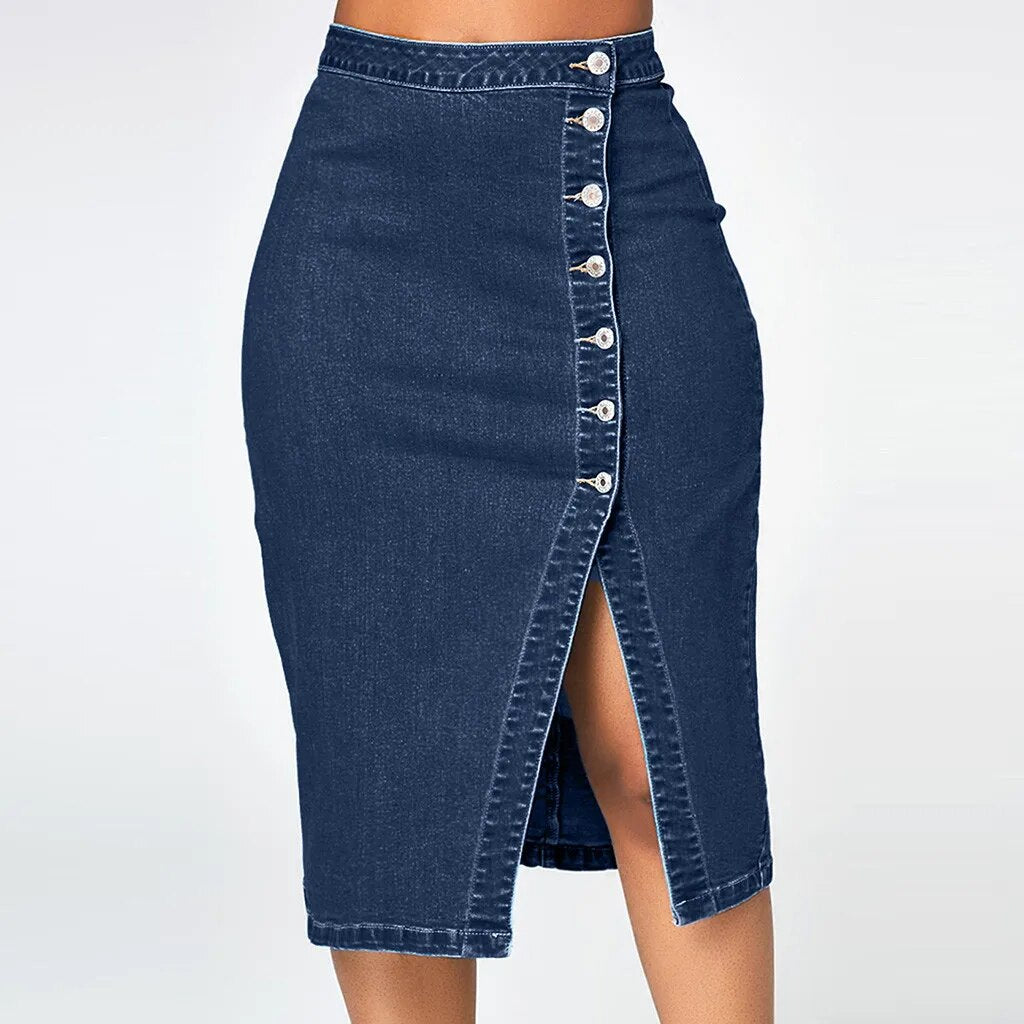 Women Denim Skirts Knee Loose Denim Skirt High Waisted Blow Knee Blue Jeans Skirts Falda Vaquera Mujer