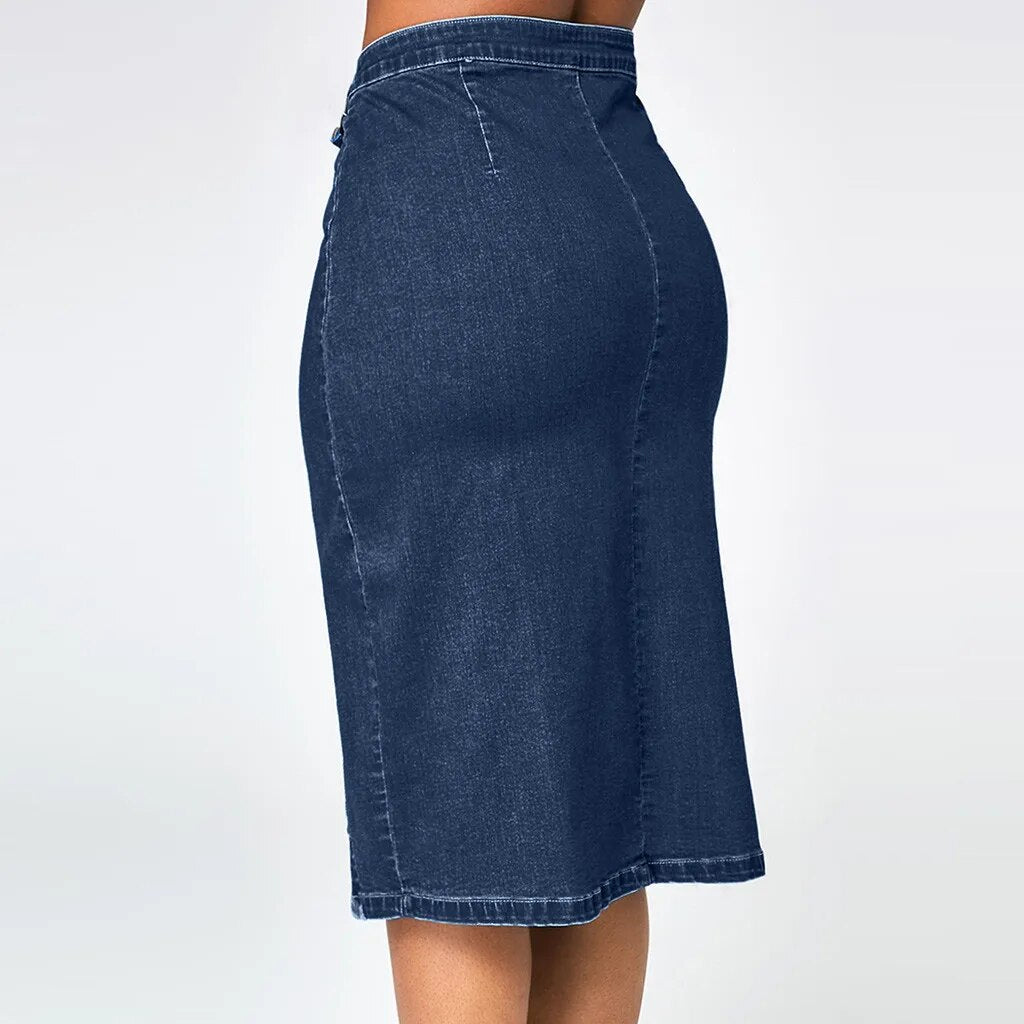 Women Denim Skirts Knee Loose Denim Skirt High Waisted Blow Knee Blue Jeans Skirts Falda Vaquera Mujer
