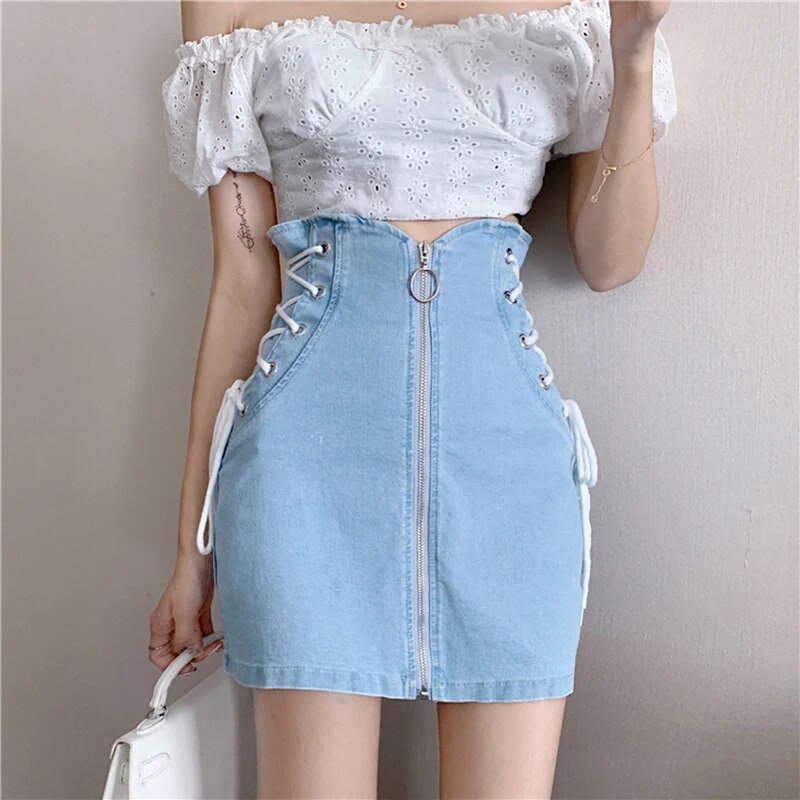 Denim Skirts Women Lace Up High Waist Zipper Mini Skirts Clubwear Sexy Pencil Skirt Warp Slim Vintage Designer Streetwear X201