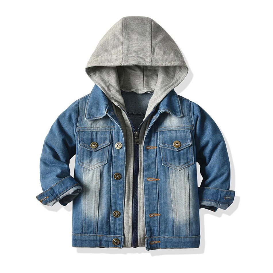 Niños niños niñas chaquetas de mezclilla con capucha Casual falso dos cárdigan abrigo niños vaquero cremallera prendas de vestir exteriores ropa JYF