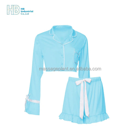 Blue Solid Colors Satin Elastic Waist Thermal Pajama Ruffle Pyjamas Party Women's Summer Autumn Bridesmaid Set