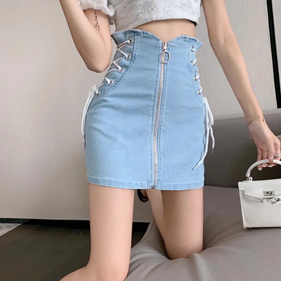Denim Skirts Women Lace Up High Waist Zipper Mini Skirts Clubwear Sexy Pencil Skirt Warp Slim Vintage Designer Streetwear X201