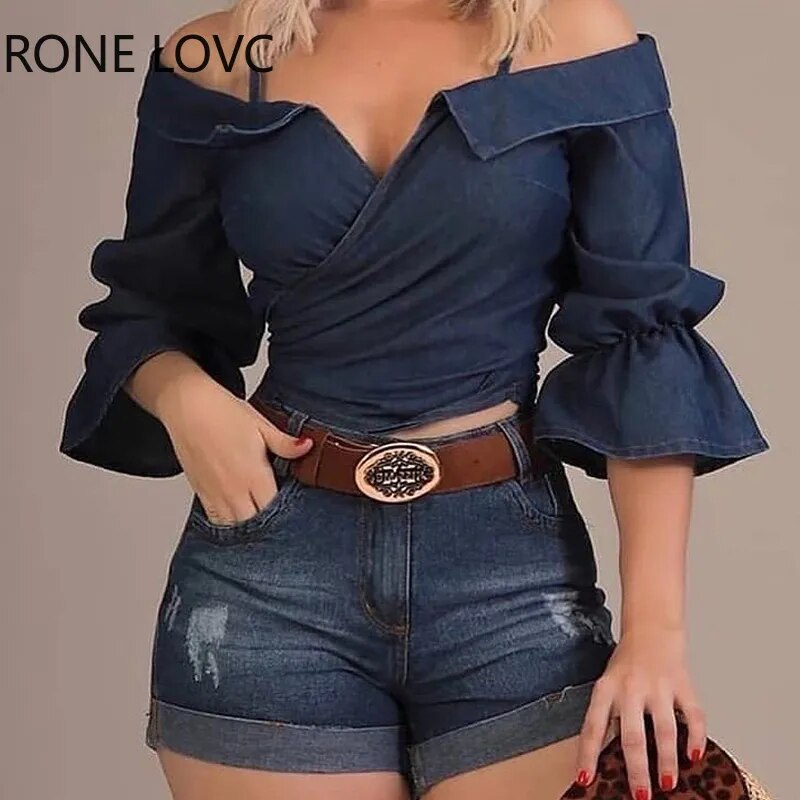 Blusa de manga acampanada de color liso para mujer Tops y blusas de primavera para mujer