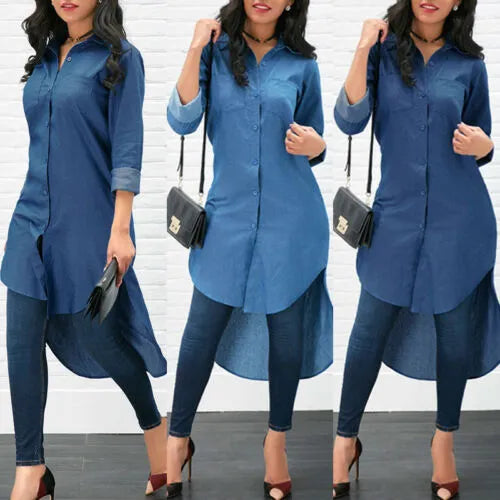 Verano Mujer moda Cool Blue Jeans Denim liso breve botón cuello vuelto manga larga Casual suelta camisa blusa vestido