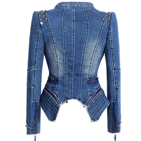 SX mujer 2019 primavera otoño denim remache punk Chaqueta corta ajustada motocicleta rompevientos cremallera prendas de vestir exteriores