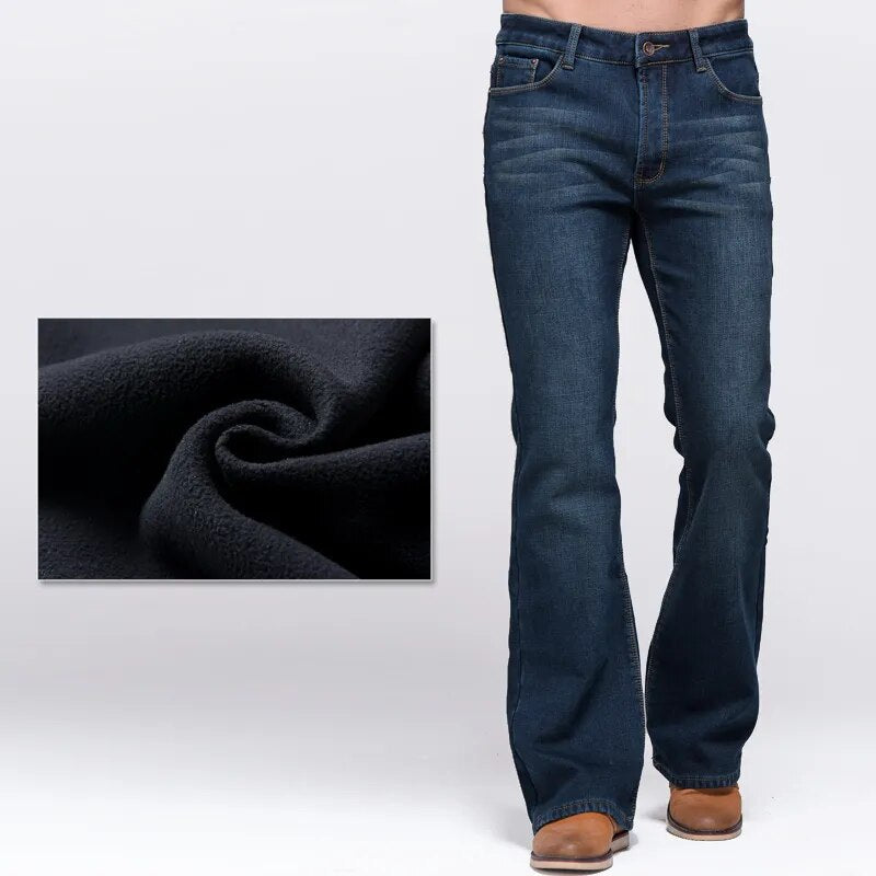 GRG Pantalones vaqueros elásticos de invierno para hombre, pantalones gruesos y cálidos, pantalones ajustados ligeramente acampanados, pantalones vaqueros de forro Polar con corte de bota