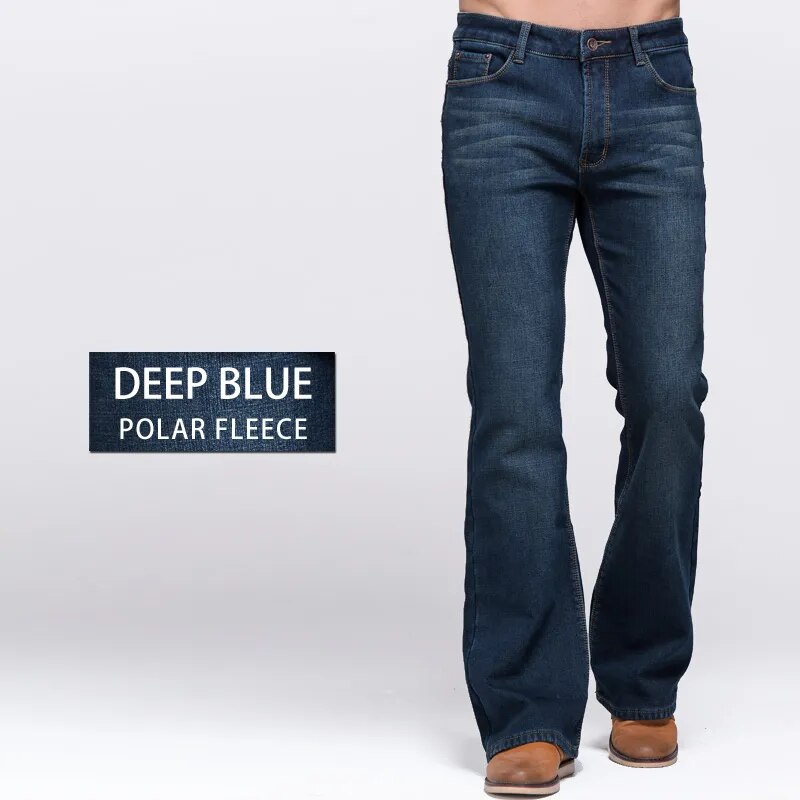 GRG Pantalones vaqueros elásticos de invierno para hombre, pantalones gruesos y cálidos, pantalones ajustados ligeramente acampanados, pantalones vaqueros de forro Polar con corte de bota
