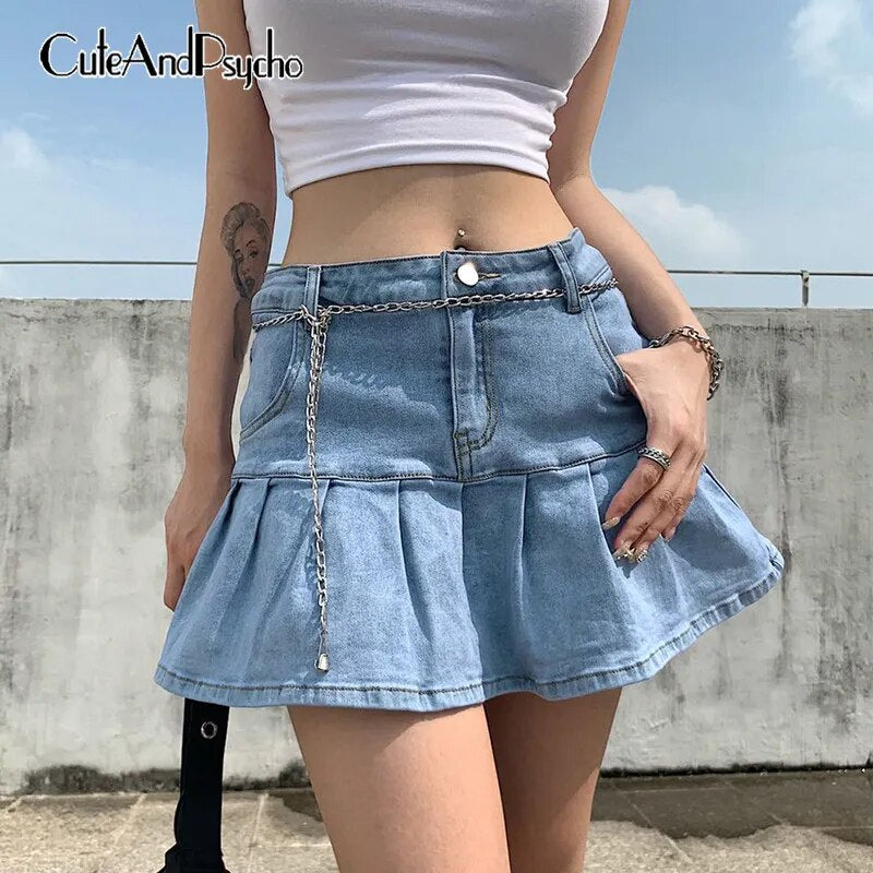 Women Denim Skirts High Waist Pleated Skirts Zipper Mini Skirts Summer Fashion Streetwear Bottom Skinny Skirts Cuteandpscho