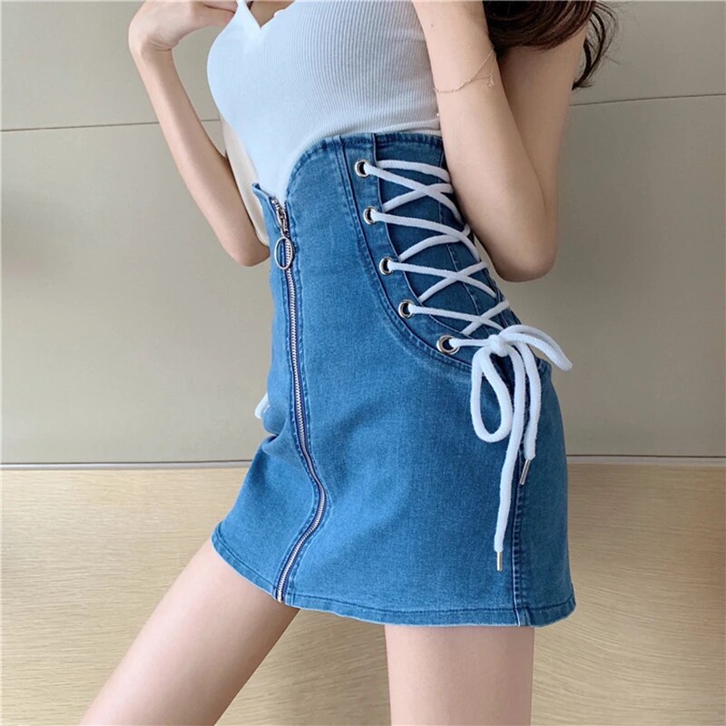Denim Skirts Women Lace Up High Waist Zipper Mini Skirts Clubwear Sexy Pencil Skirt Warp Slim Vintage Designer Streetwear X201