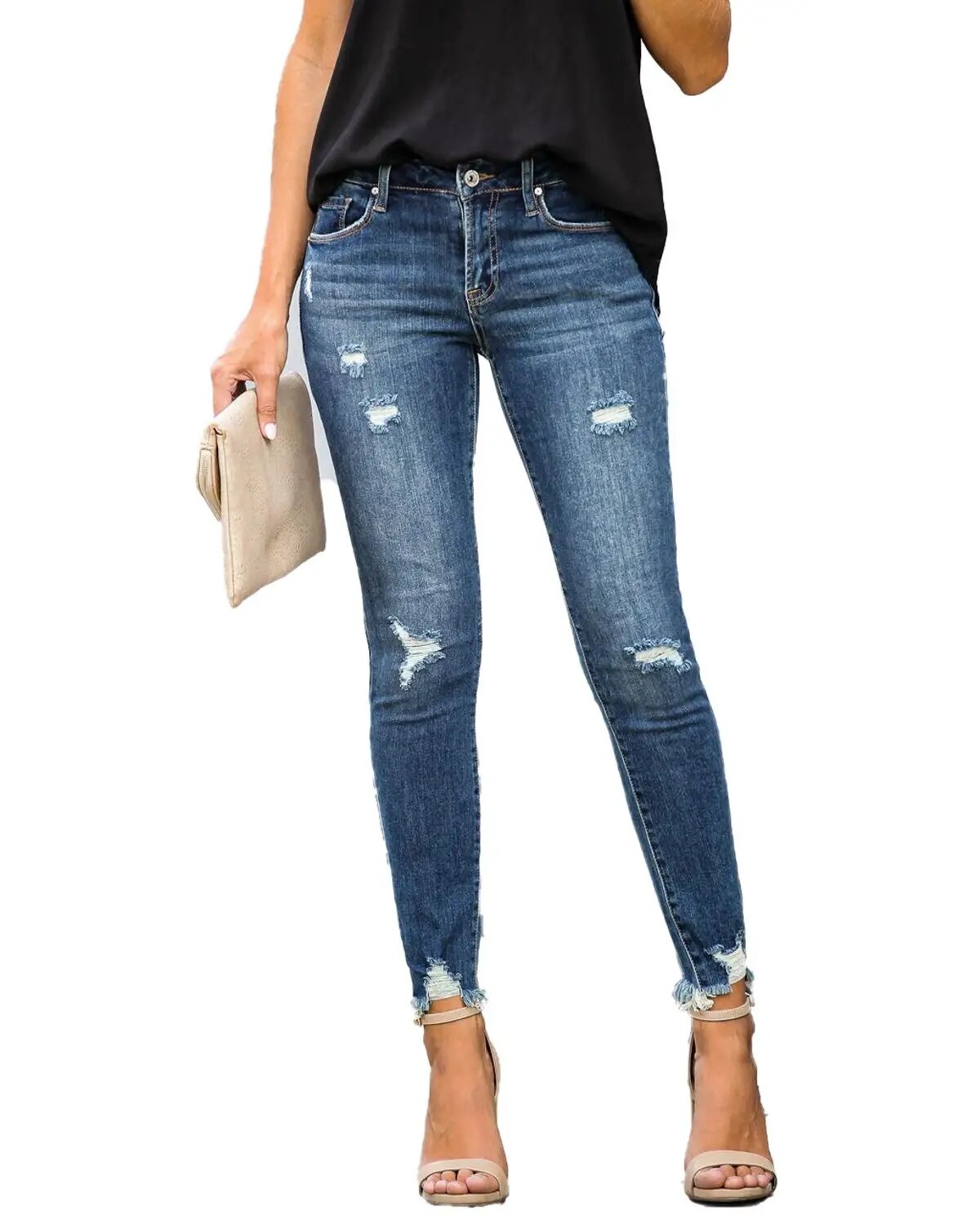 Nuevos pantalones vaqueros ajustados de cintura media para mujer, pantalones vaqueros desgastados Vintage, pantalones pitillo con agujeros destruidos, pantalones casuales, pantalones vaqueros rasgados de verano
