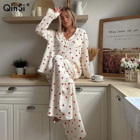 Breathable love Print Pajamas Sets with Elastic Waist Loose 2025 Ladies Homewear Cotton Spring Lounge Wear Set for Women