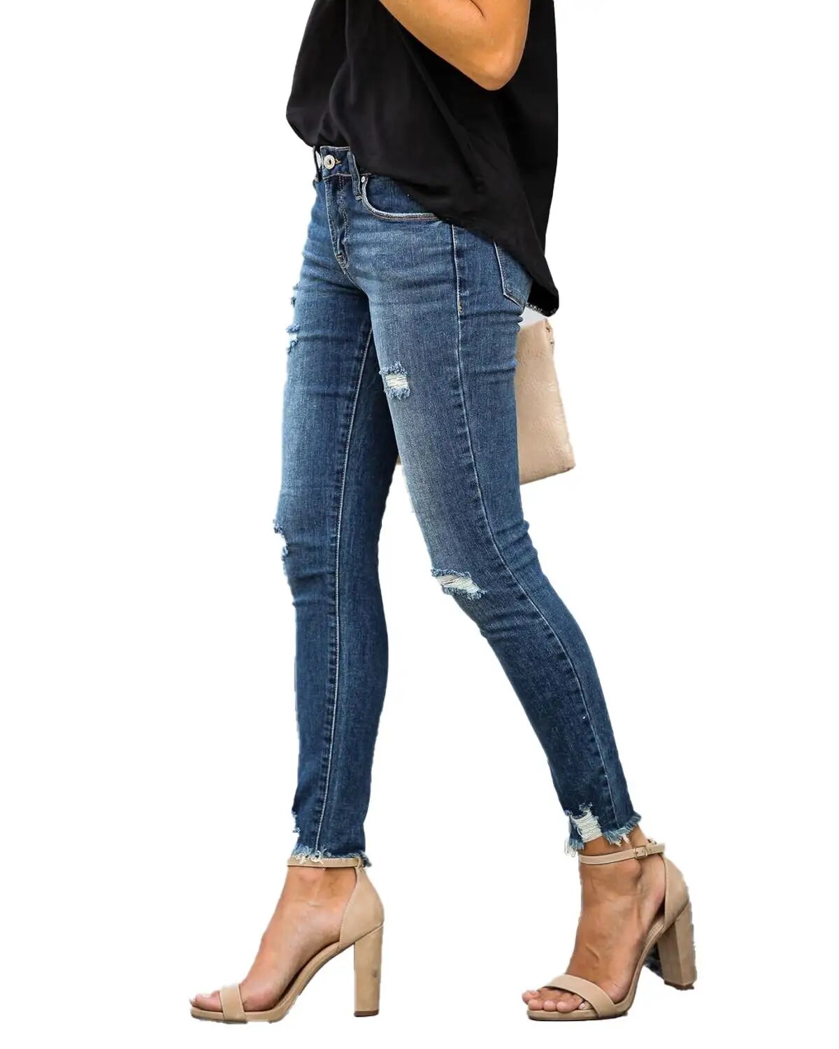 Nuevos pantalones vaqueros ajustados de cintura media para mujer, pantalones vaqueros desgastados Vintage, pantalones pitillo con agujeros destruidos, pantalones casuales, pantalones vaqueros rasgados de verano