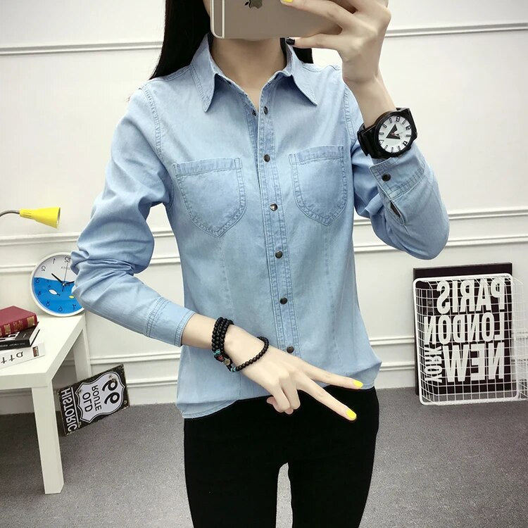 Nueva camisa vaquera para mujer, camisa vaquera a la moda de primavera con bolsillos para mujer, blusas ajustadas de manga larga para mujer, ropa para mujer