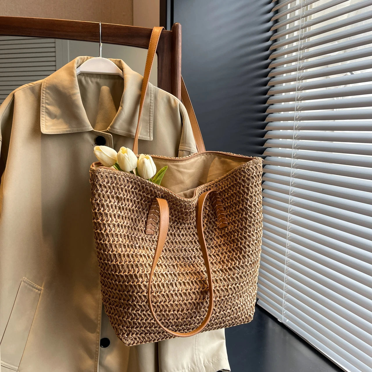 Summer Natural Rattan Woven Tote Bags Handmade Women Beach Straw Bags Women Handbags
