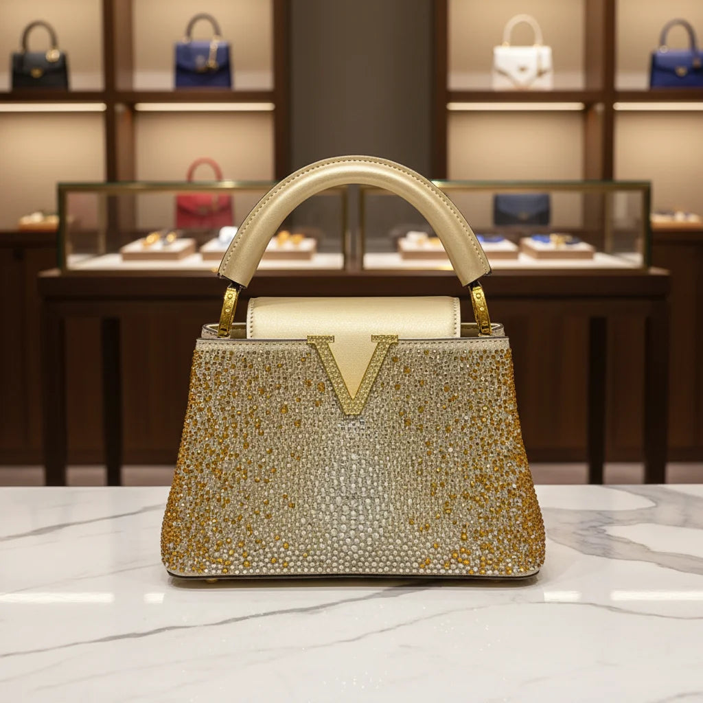 High-end Cross-border Rhinestone Handbag Women's 2026 New Fashion Bucket Bag Quality Designer Small Bag Dinner Party Bag 21CM