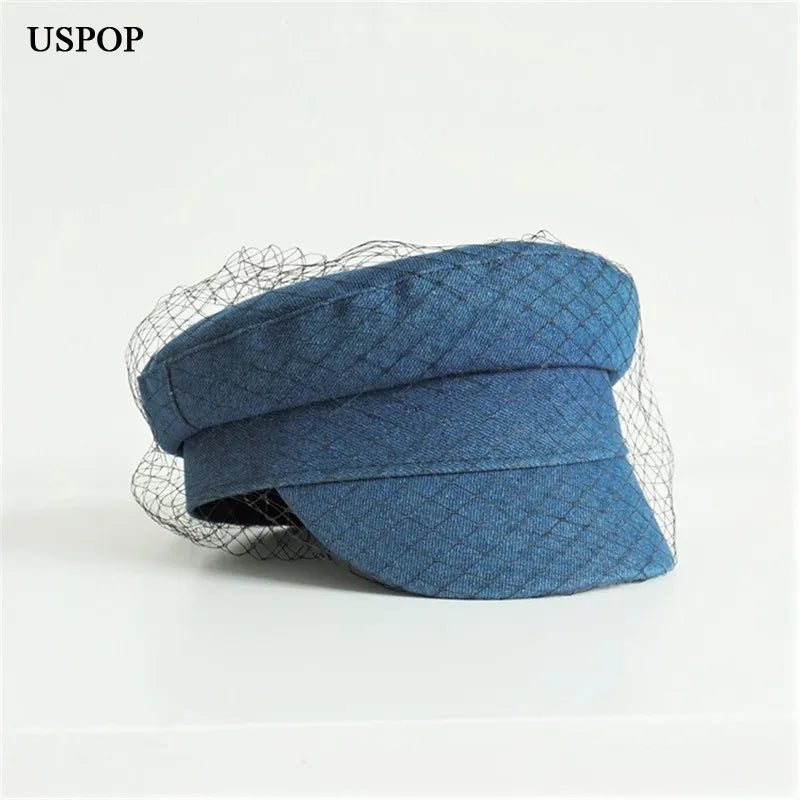 USPOP marca diseñador moda Otoño Invierno gorras mujeres malla hilo Newsboy gorras planas de mezclilla