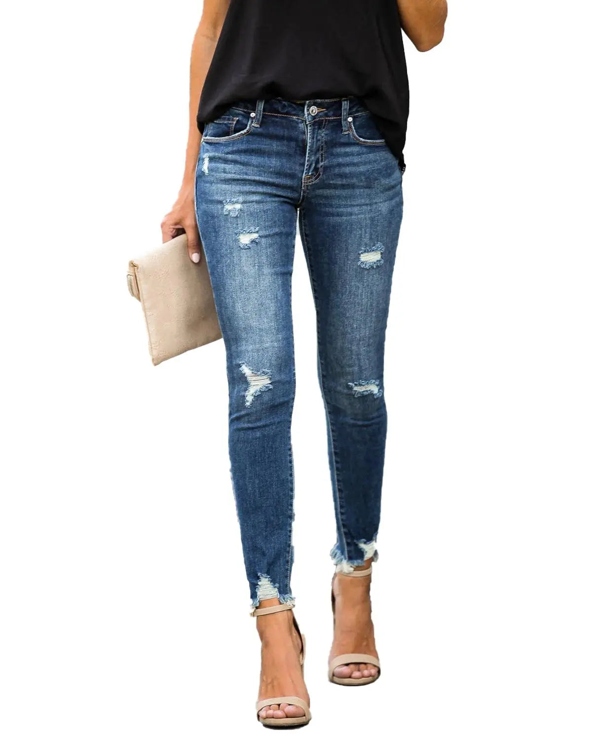 Nuevos pantalones vaqueros ajustados de cintura media para mujer, pantalones vaqueros desgastados Vintage, pantalones pitillo con agujeros destruidos, pantalones casuales, pantalones vaqueros rasgados de verano