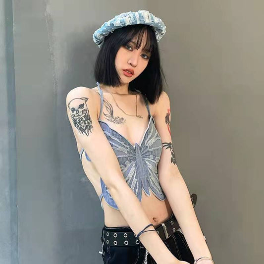 European And American Spice Girl Butterfly Design Niche Halter Camisole Women's Summer Outer Wear Inner Short Sexy Top