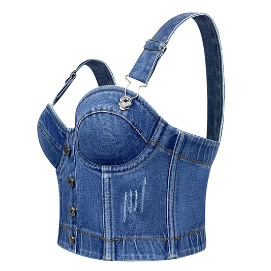 Hot Joker Strap Button Slim-fit Denim Tube Top Camisole