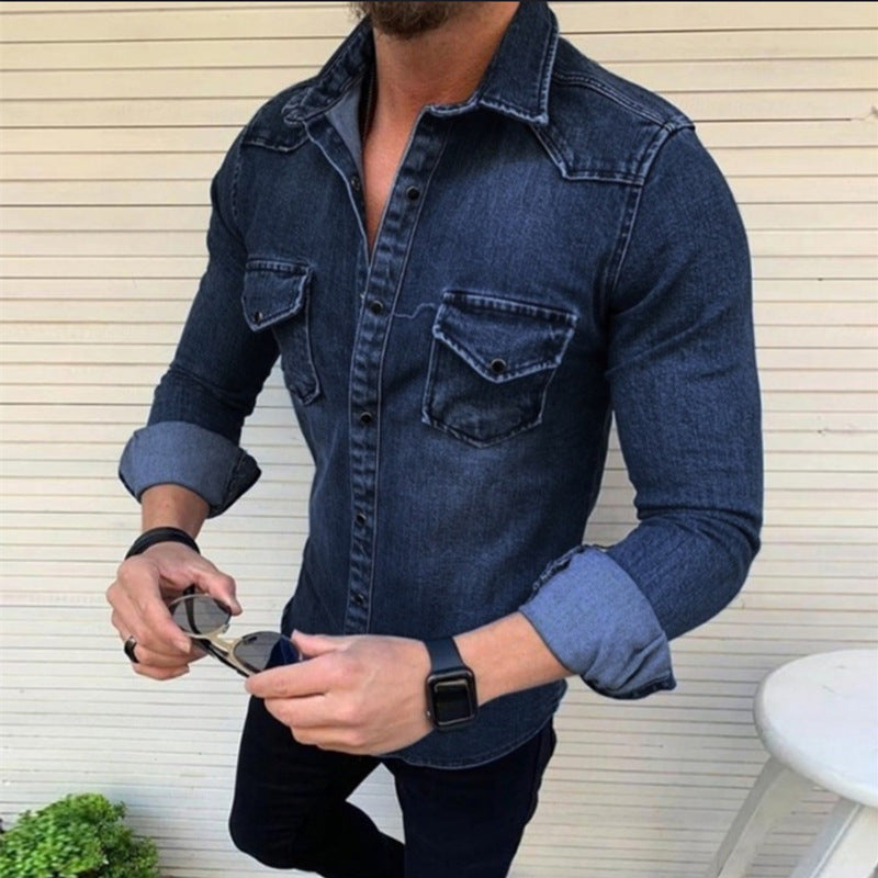 Chaqueta vaquera ajustada para hombre, chaqueta vaquera lavada de manga larga informal de Amazon, comercio exterior, nueva, europea y americana, 2023