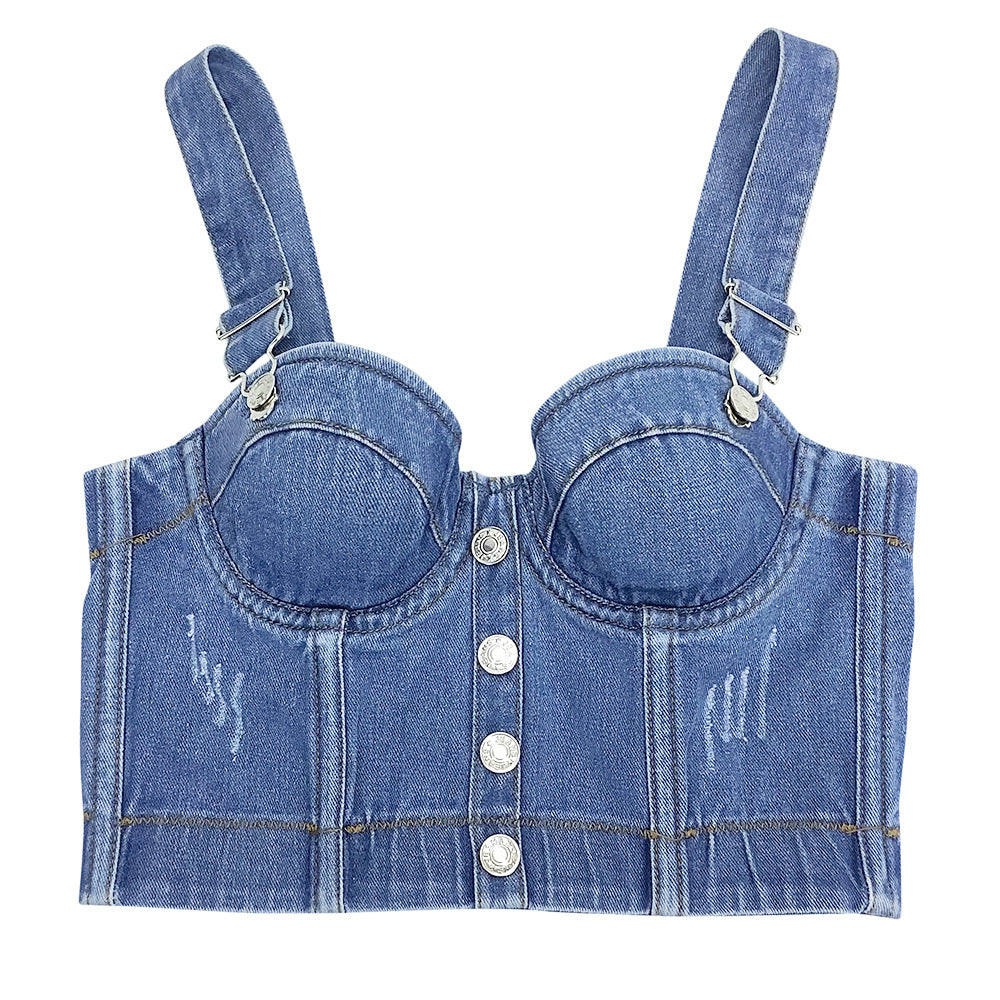 Hot Joker Strap Button Slim-fit Denim Tube Top Camisole