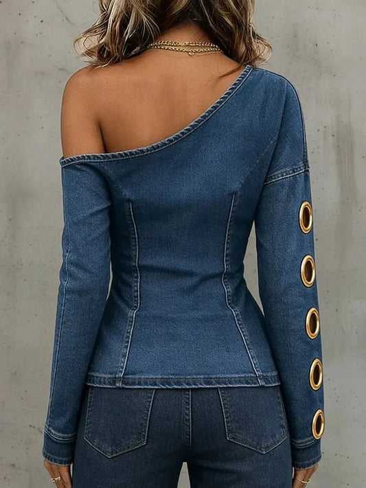Women's Denim One Shoulder Blouse, Long Sleeve Gold Eyelet Asymmetrical Top, Casual Streetwear Slim Fit Shirt for Party