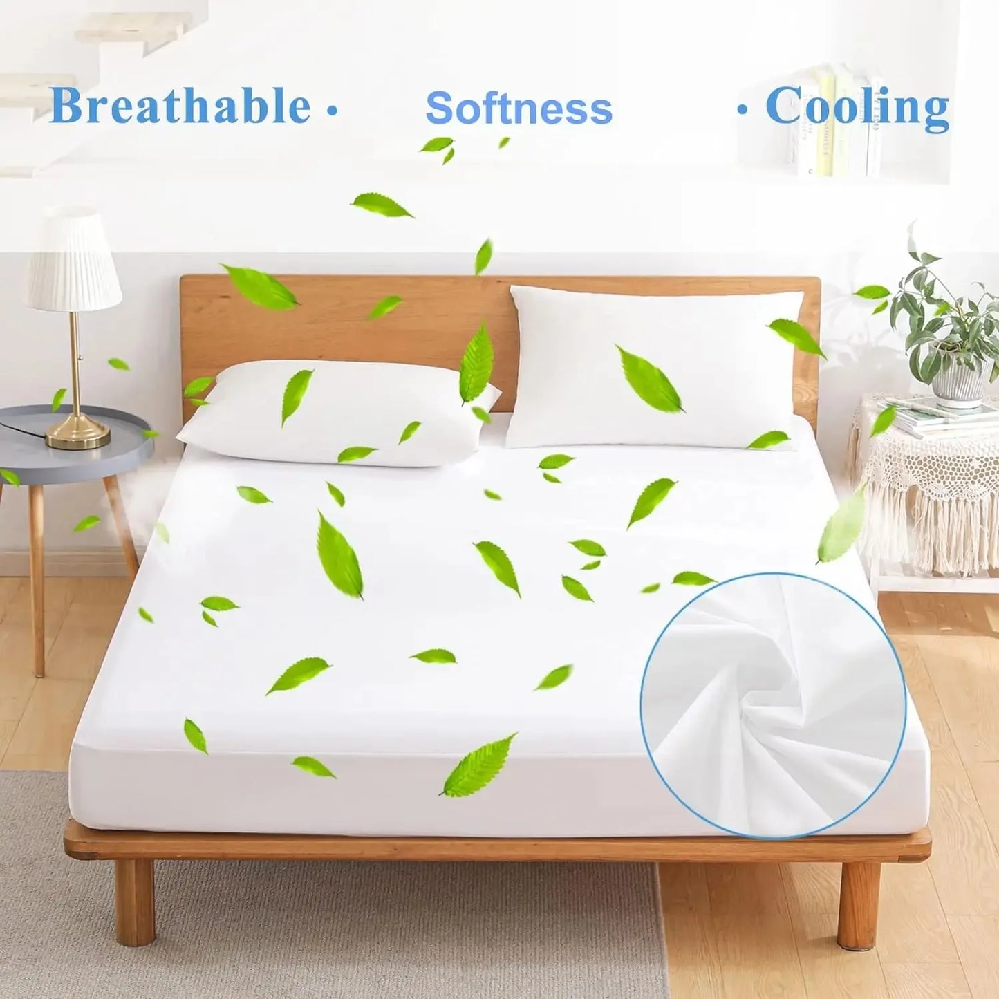 Waterproof Mattress Protector - Fitted with Stretchable Pockets - Machine Washable Cotton Mattress Cover for Bed - White
