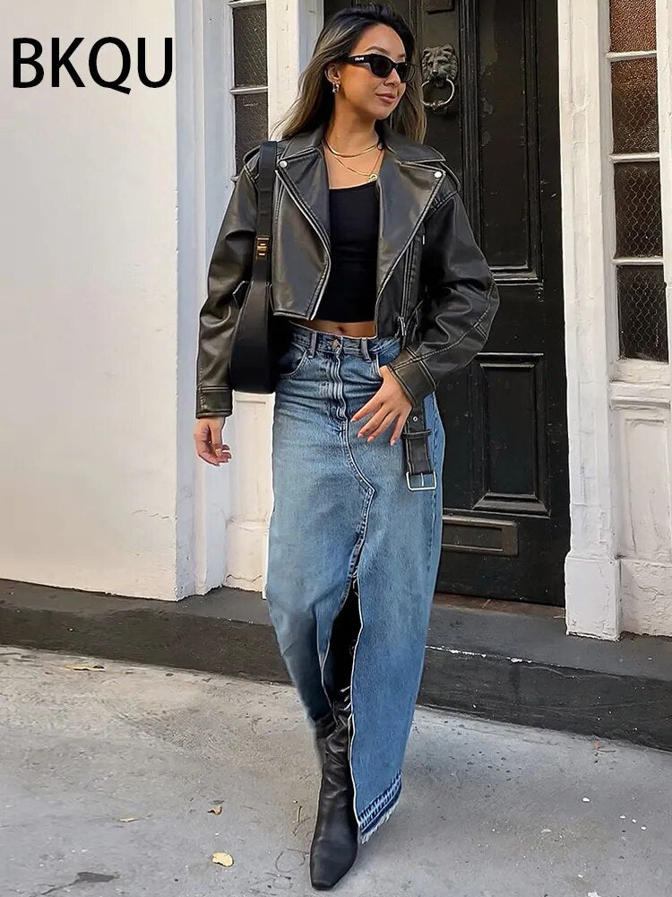 New Front Slit Denim Skirts Women 2024 Casual High Waist Office Lady Long Skirt Streetwear Blue Frayed Raw Hem Jean Skirt