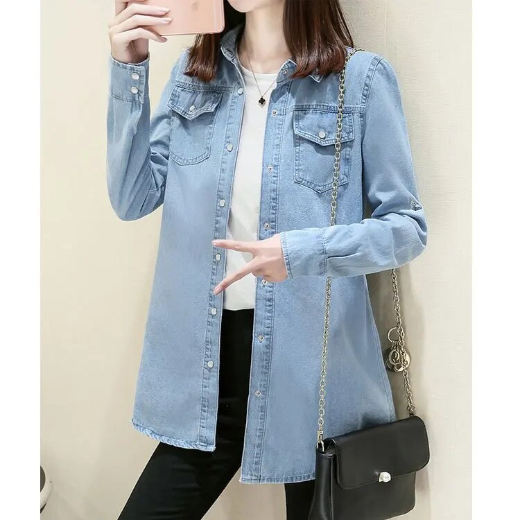 New 2023 Casual Fashionable Denim Shirts Jean Pockets Korean Style Minimalist Autumn Winter Women's Blouses Lady Tops D293