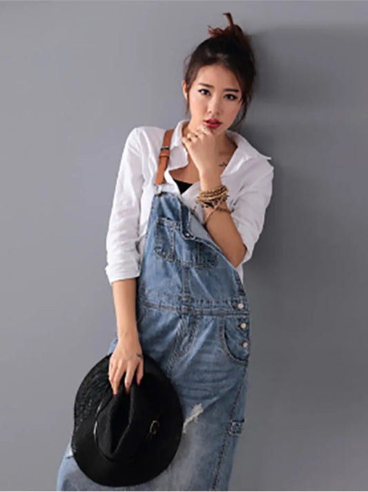 Women Loose Denim Dress Ladies Bleached Holes Denim Dress Female Spaghetti Strap Ripped Vintage Denim Dresses