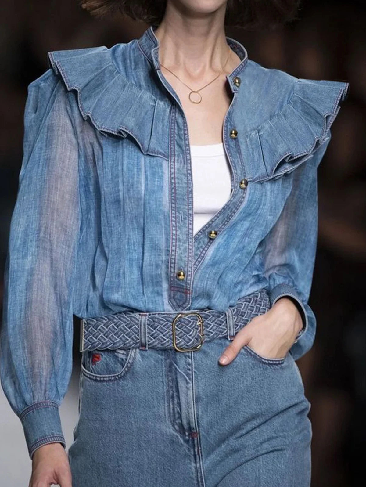Fashion Pleated Ruffles Shirt Women See Through Long Sleeves Patchwork Design Single-breasted Tops Spring New Clothing