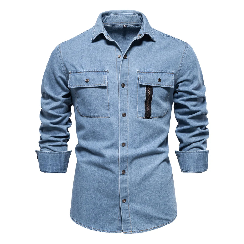 AIOPESON Mens 100% Cotton Denim Shirts Autumn Thick Cowboy High Quality Male Shirt Solid Color Button Casual Jeans Shirt