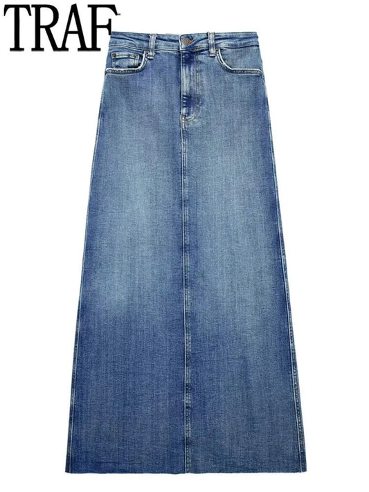 TRAF Falda vaquera azul para mujer, faldas largas de tela vaquera para mujer, moda 2023, Falda de tubo con corte en la cintura deshilachada, Falda Midi deshilachada con hendidura