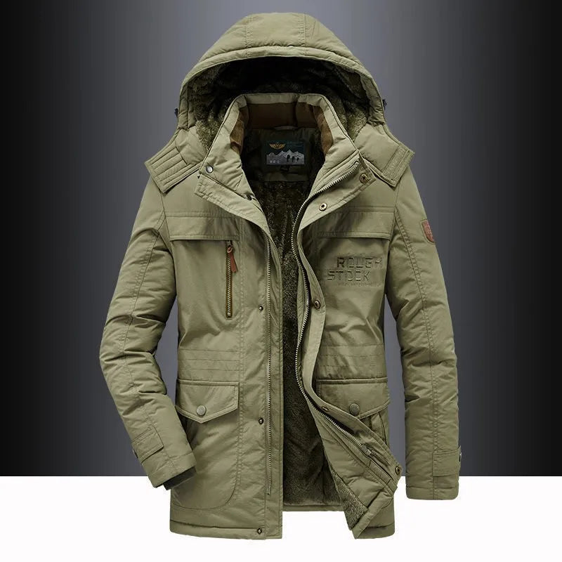New Winter Men Hooded Casual Down Jackets Fleece Warm Long Parkas Tooling Jackets Good Quality Male Outdoors Winter Coats Size 5