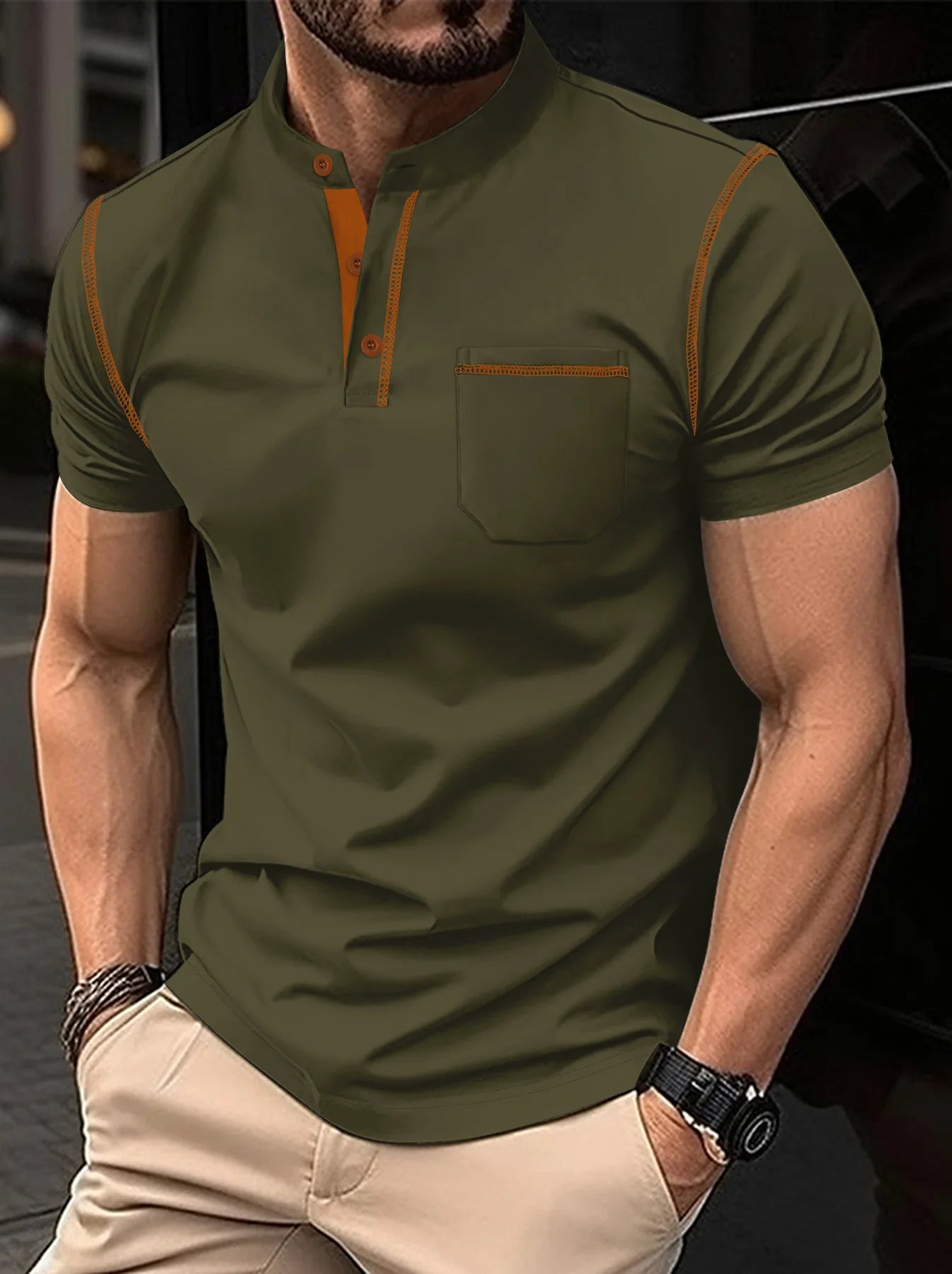 Summer New Men Henry collar short sleeve golf POLO shirt personality pocket style casual breathable sports street fashion top