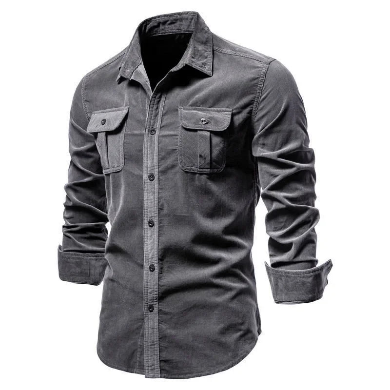 Fashion Single Breasted Cotton Men's Shirt Business Casual Fashion Solid Color Corduroy Men Shirts Autumn Slim Shirt Men