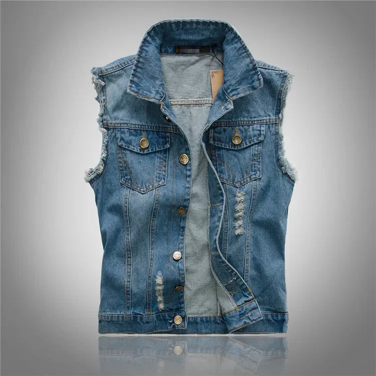 Men Denim Vests Jackets Waistcoats Light Blue Ripped Denim Coats Vests New Fashion Male Cotton Slim Black Jeans Waistcoats 6XL