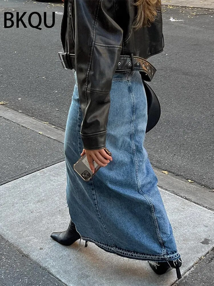 New Front Slit Denim Skirts Women 2024 Casual High Waist Office Lady Long Skirt Streetwear Blue Frayed Raw Hem Jean Skirt