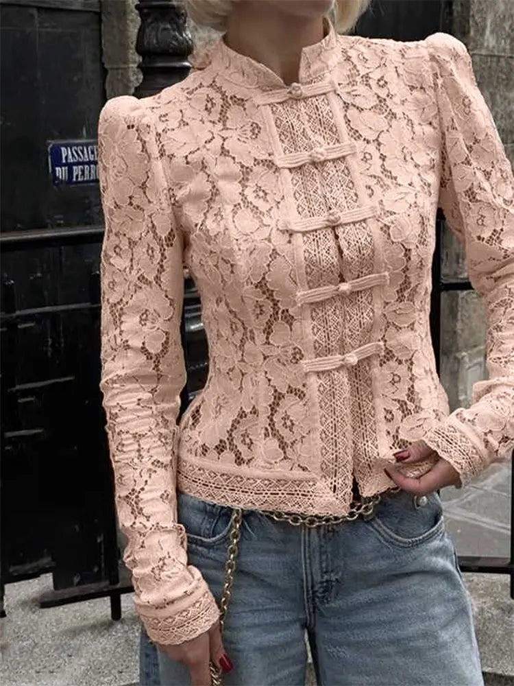 Women's Lace Printed Shirts Tops Spring New Full Sleeve Hollow Out Single Breasted Patchwork Blouse Female Fashion Shrug Shirts