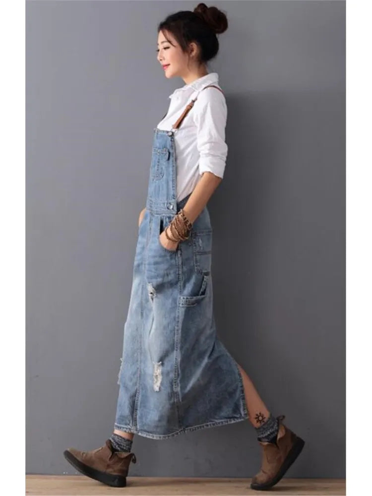Women Loose Denim Dress Ladies Bleached Holes Denim Dress Female Spaghetti Strap Ripped Vintage Denim Dresses