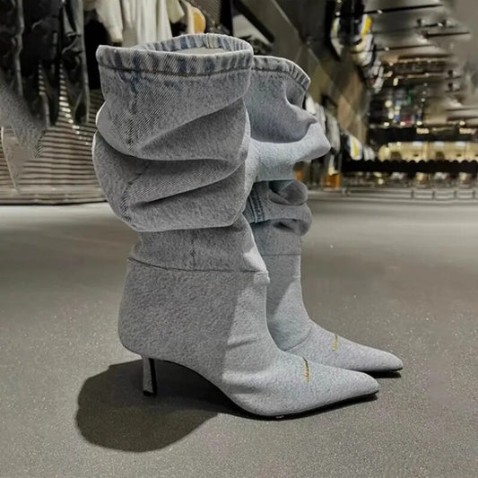 Botas vaqueras hasta la rodilla Chelsea para Mujer, zapatos de tacón de aguja con punta estrecha, estilo gladiador, para motocicleta, otoño e invierno, 2023