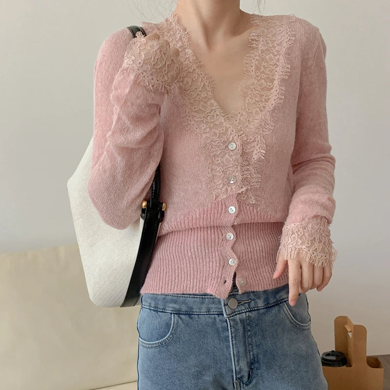 Seoulish Vintage Lace Knitted Cardigans for Women 2026 New Autumn Winter Solid Casual Slim Korean Style Ladies Tops Female
