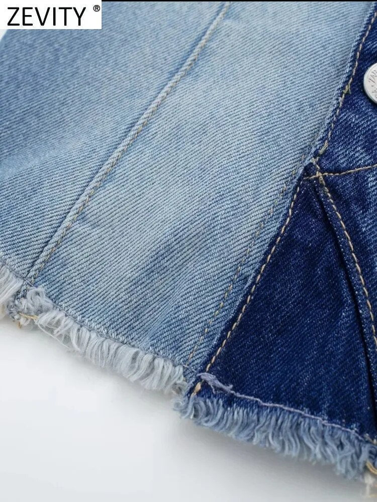 Zevity New Women Vintage Single Breasted Cloth Patchwork Denim Sling Blouse Femme Short Vest Shirt Chic Blusas Crop Tops LS4332