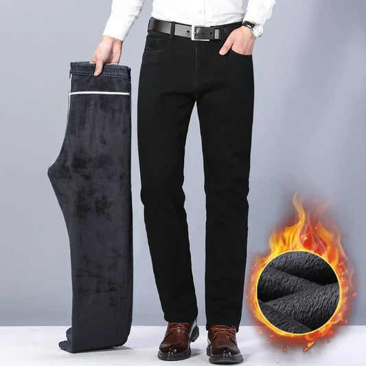 New Winter Men Black Fleece Denim Jeans Thicker Warm Jeans Pants Good Quality Male Stretch Straight Fit Long Jeans Trousers 40