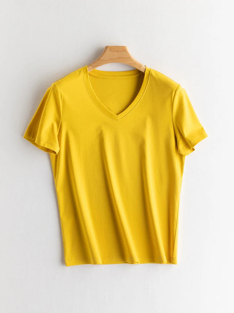 SuyaDream Women Solid T shirts, Silk Cotton Blend, O Neck, Short Sleeved Solid Tee,2026 Summer Candy Colors Basic Cozy Top Green