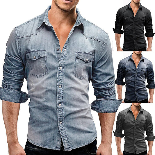 Men Denim Shirt Long Sleeve Winter Spring Autumn Casual Collar Office Polo for Men's Clothing Tops Free Shipping