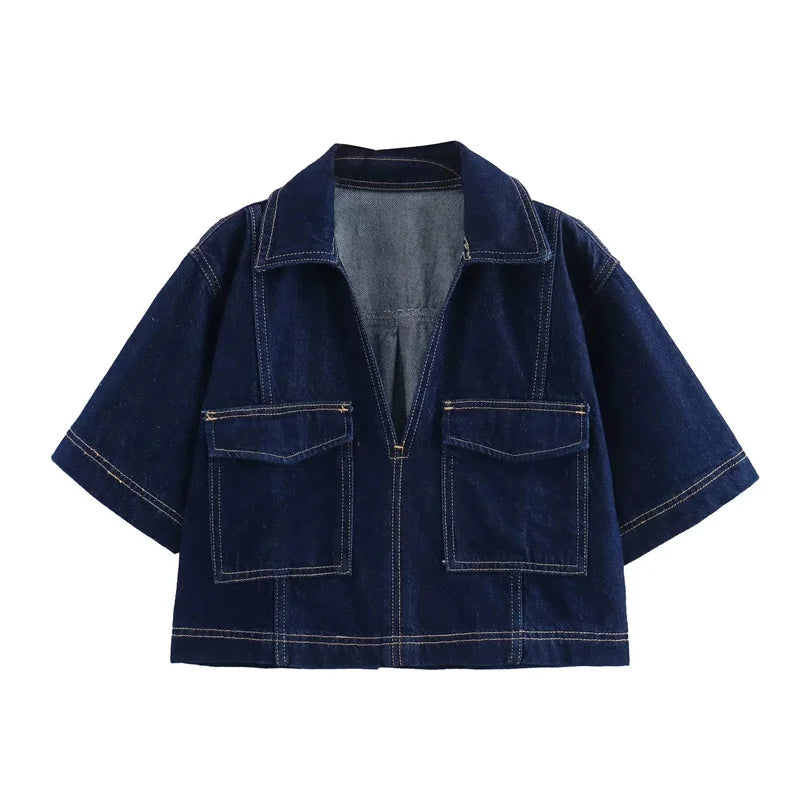 Blue Denim Shirt Woman Short Sleeve Cropped Shirt Women Summer Short Tops Woman Streetwear Y2k Stylish Women's Blouses